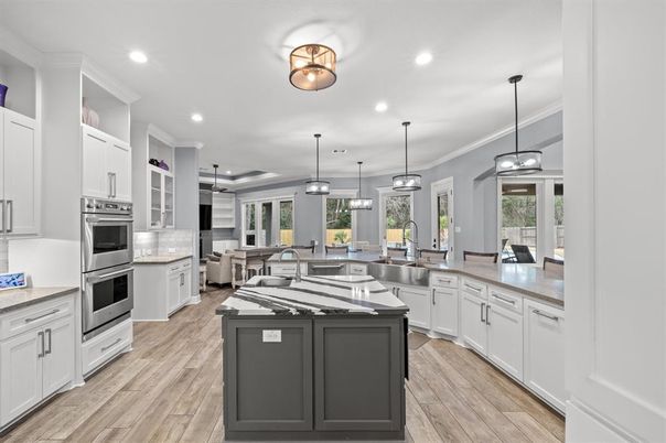 Interior, Kitchen, Pendant Lights, Recessed Lighting, Stainless Steel Appliances, Wood Texture Flooring