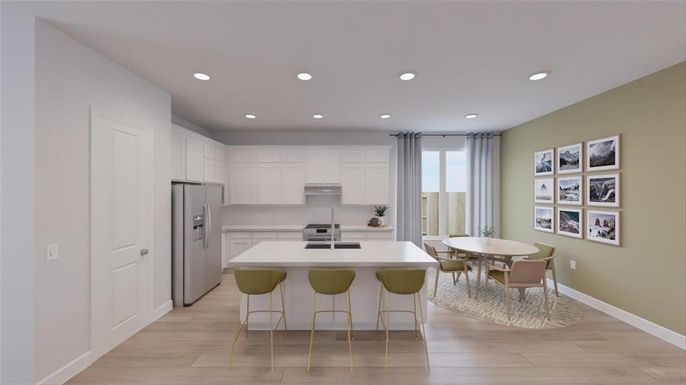 Dining room, Interior, Kitchen, Recessed Lighting, Stainless Steel Appliances, Wood Texture Flooring
