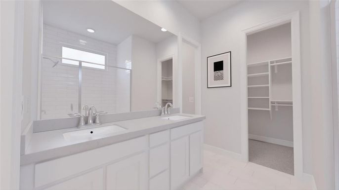 Bathroom, Dual Sink Vanities, Interior, Recessed Lighting, Walk-in Closets