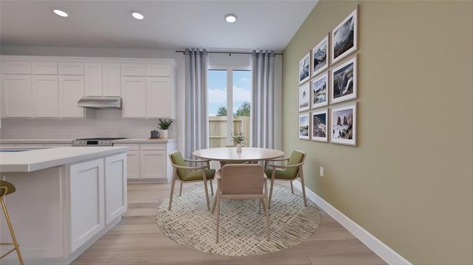 Dining room, Interior, Kitchen, Recessed Lighting, Stainless Steel Appliances, Wood Texture Flooring