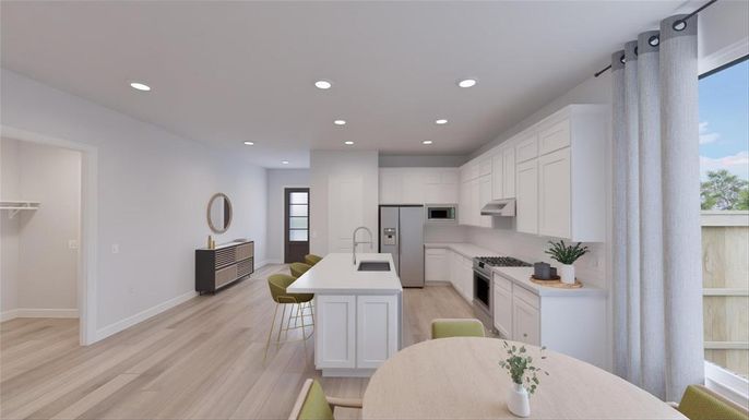 Interior, Kitchen, Recessed Lighting, Stainless Steel Appliances, Wood Texture Flooring
