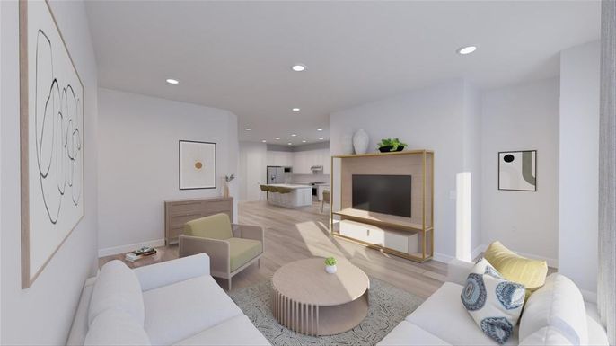 Interior, Kitchen, Living room, Recessed Lighting, Wood Texture Flooring