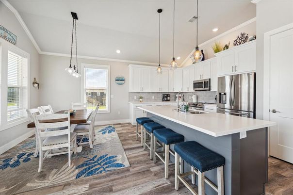 Dining room, Interior, Kitchen, Pendant Lights, Recessed Lighting, Stainless Steel Appliances, Wood Texture Flooring