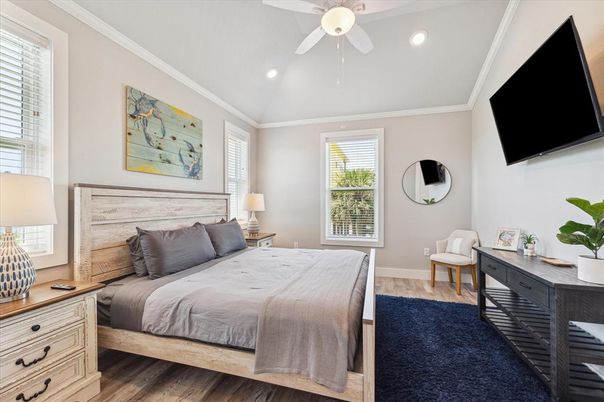 Bedroom, Interior, Recessed Lighting, Wood Texture Flooring