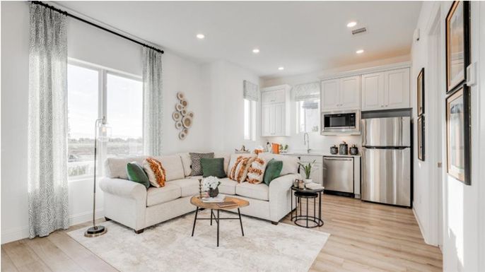 Interior, Kitchen, Living room, Recessed Lighting, Stainless Steel Appliances, Wood Texture Flooring