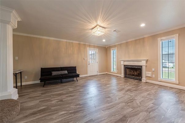 Empty room, Fireplace, Interior, Recessed Lighting, Wood Texture Flooring
