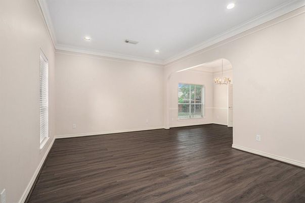 Chandelier, Empty room, Interior, Recessed Lighting, Wood Texture Flooring