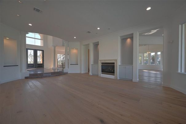 Empty room, Fireplace, Interior, Recessed Lighting, Wood Texture Flooring