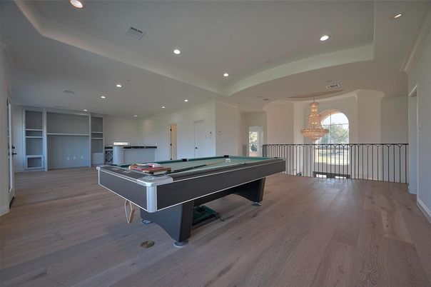 Billiard Table, Chandelier, Game Room, Interior, Pendant Lights, Recessed Lighting, Wood Texture Flooring