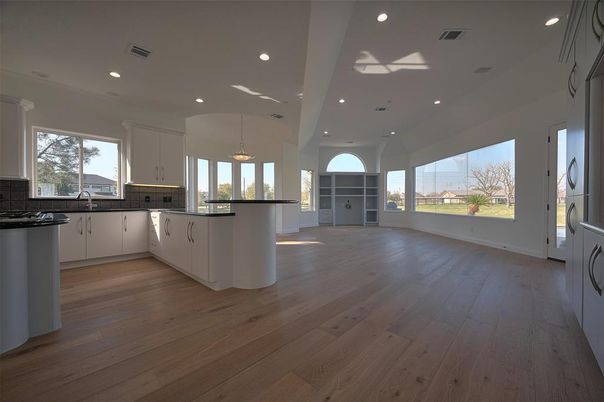 Interior, Kitchen, Pendant Lights, Recessed Lighting, Wood Texture Flooring