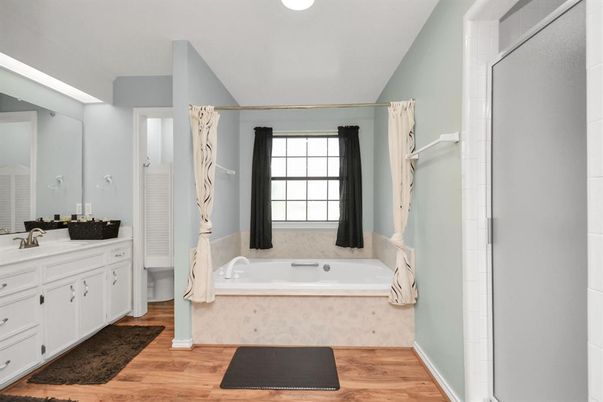 Bathroom, Dual Sink Vanities, Interior, Recessed Lighting, Wood Texture Flooring