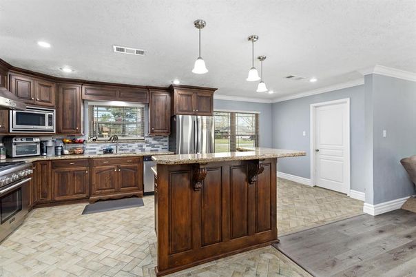Interior, Kitchen, Pendant Lights, Recessed Lighting, Stainless Steel Appliances, Wood Texture Flooring