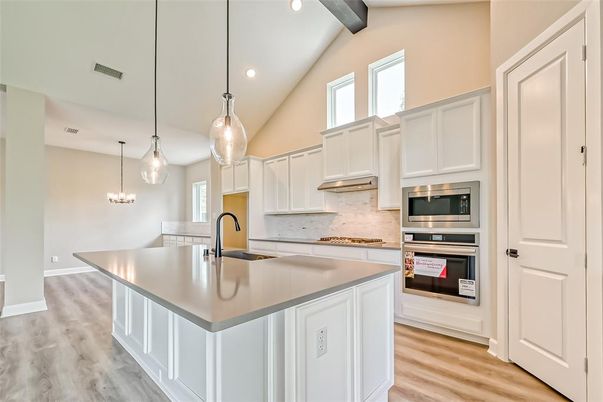 Interior, Kitchen, Pendant Lights, Recessed Lighting, Stainless Steel Appliances, Wooden Beams, Wood Texture Flooring
