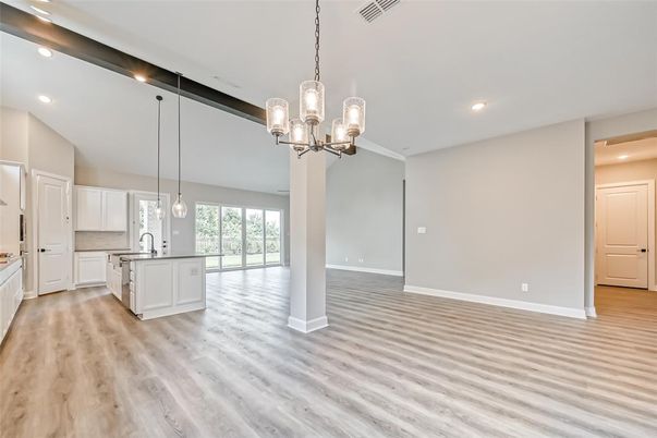 Chandelier, Empty room, Interior, Kitchen, Pendant Lights, Recessed Lighting, Wood Texture Flooring