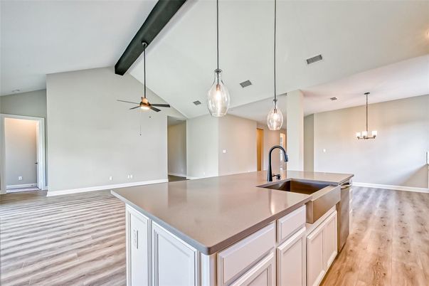 Interior, Kitchen, Pendant Lights, Recessed Lighting, Wooden Beams, Wood Texture Flooring