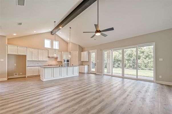 Empty room, Interior, Kitchen, Pendant Lights, Recessed Lighting, Wooden Beams, Wood Texture Flooring