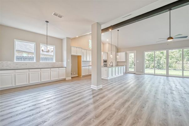 Empty room, Interior, Kitchen, Pendant Lights, Recessed Lighting, Wood Texture Flooring