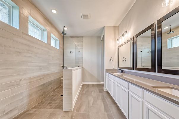 Bathroom, Dual Sink Vanities, Glass Shower, Interior, Recessed Lighting
