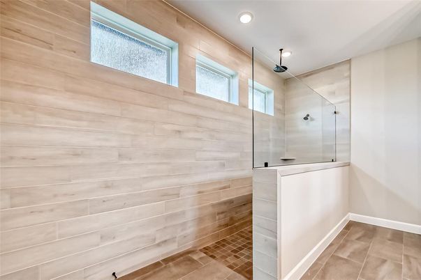Bathroom, Glass Shower, Interior, Recessed Lighting, Wooden Walls