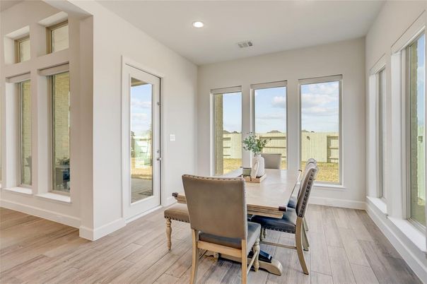 Dining room, Interior, Recessed Lighting, Wood Texture Flooring