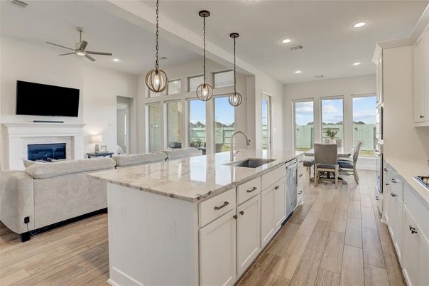 Dining room, Fireplace, Interior, Kitchen, Living room, Pendant Lights, Recessed Lighting, Wood Texture Flooring