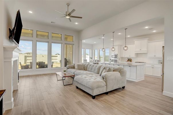 Interior, Kitchen, Living room, Pendant Lights, Recessed Lighting, Wood Texture Flooring