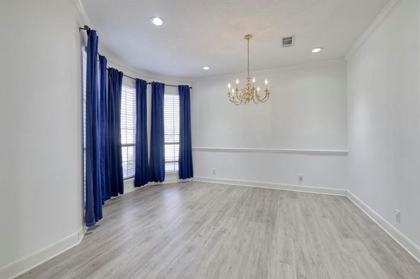 Chandelier, Empty room, Interior, Recessed Lighting, Wood Texture Flooring