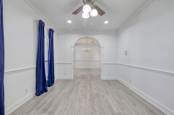 Chandelier, Empty room, Interior, Recessed Lighting, Wood Texture Flooring