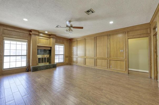 Empty room, Fireplace, Interior, Recessed Lighting, Wood Texture Flooring, Wooden Walls