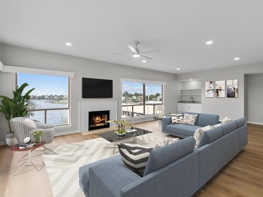 Fireplace, Interior, Living room, Recessed Lighting, Water, Wood Texture Flooring