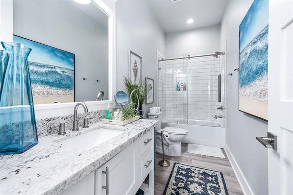 Bathroom, Dual Sink Vanities, Glass Shower, Interior, Recessed Lighting, Wood Texture Flooring