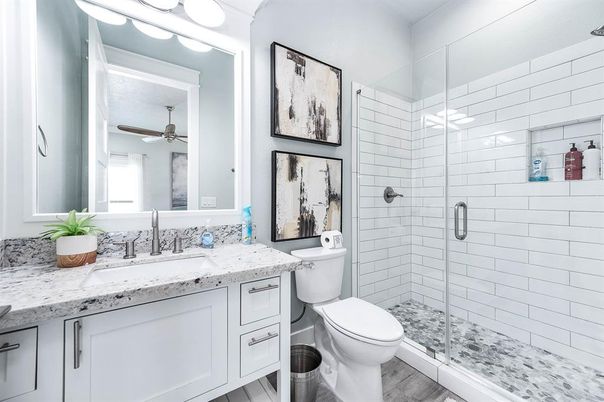 Bathroom, Glass Shower, Interior, Wood Texture Flooring