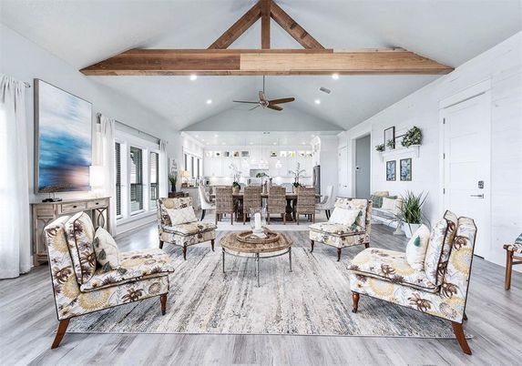Interior, Kitchen, Living room, Recessed Lighting, Wooden Beams, Wood Texture Flooring