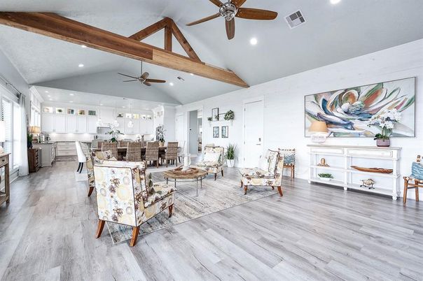 Interior, Kitchen, Living room, Pendant Lights, Recessed Lighting, Wooden Beams, Wood Texture Flooring