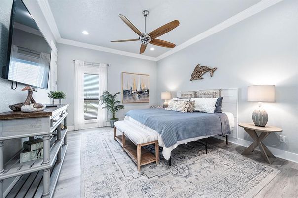 Bedroom, Interior, Recessed Lighting, Wood Texture Flooring