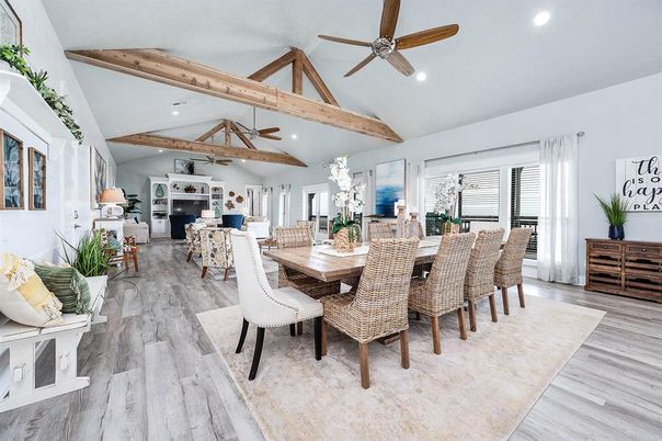 Dining room, Interior, Living room, Recessed Lighting, Wooden Beams, Wood Texture Flooring