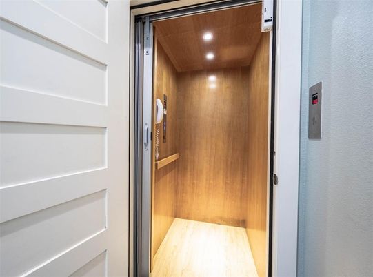 Elevator, Interior, Recessed Lighting, Wooden Ceilings, Wood Texture Flooring, Wooden Walls