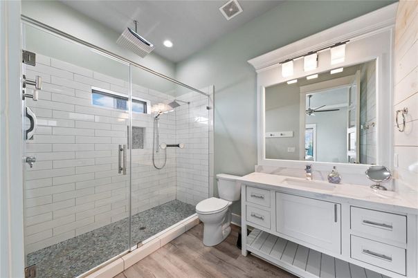 Bathroom, Glass Shower, Interior, Recessed Lighting, Wood Texture Flooring