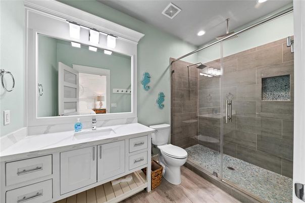 Bathroom, Glass Shower, Interior, Recessed Lighting, Wood Texture Flooring