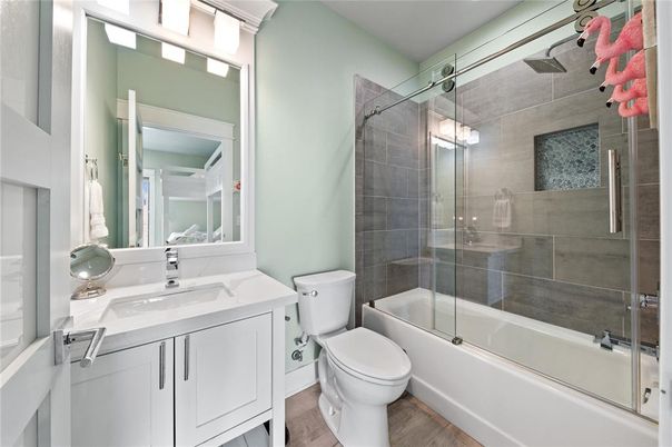 Bathroom, Glass Shower, Interior, Wood Texture Flooring
