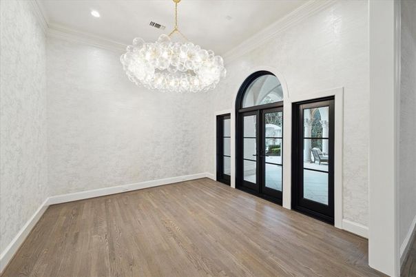 Chandelier, Empty room, Interior, Recessed Lighting, Wood Texture Flooring