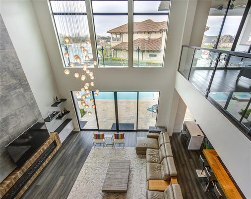 Fireplace, Interior, Living room, Pendant Lights, Wood Texture Flooring