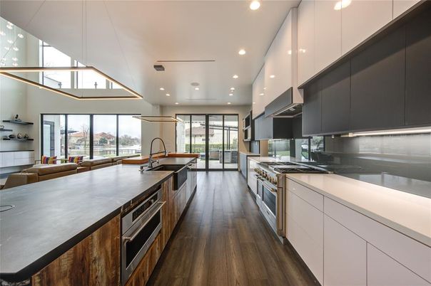 Interior, Kitchen, Living room, Recessed Lighting, Stainless Steel Appliances, Wood Texture Flooring