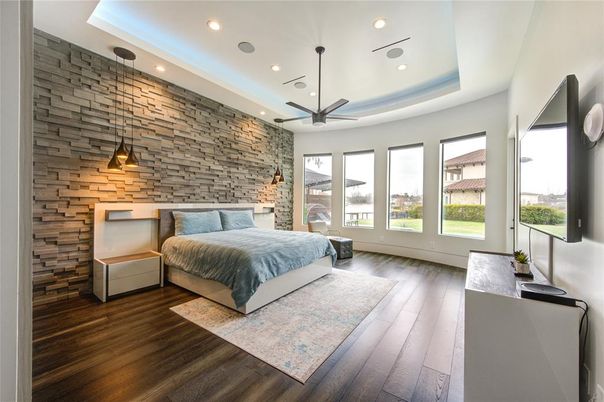 Bedroom, Interior, Pendant Lights, Recessed Lighting, Stone Walls, Wood Texture Flooring