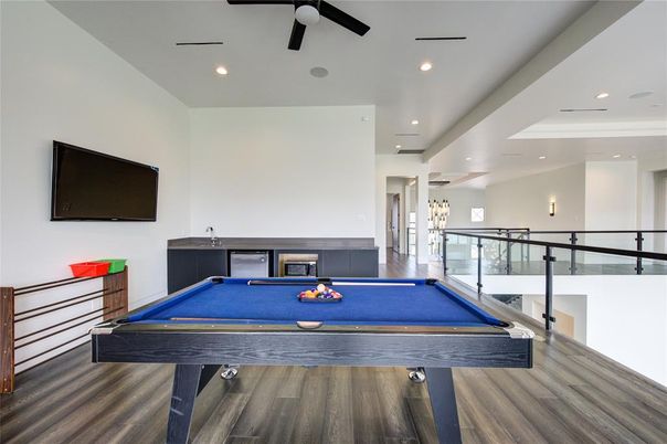 Billiard Table, Game Room, Interior, Recessed Lighting, Wood Texture Flooring