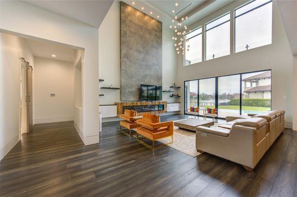 Fireplace, Interior, Living room, Recessed Lighting, Wood Texture Flooring