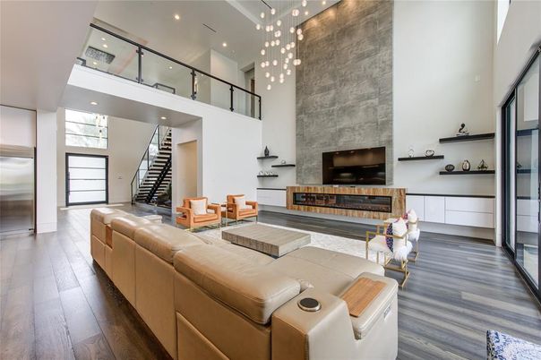 Fireplace, Interior, Living room, Pendant Lights, Recessed Lighting, Wood Texture Flooring