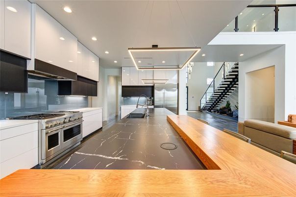 Interior, Kitchen, Marble, Recessed Lighting, Stainless Steel Appliances