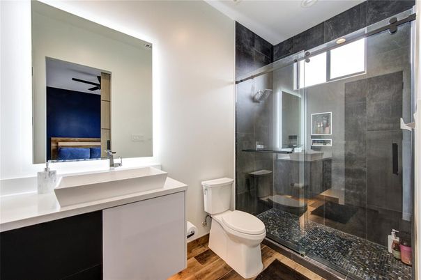 Bathroom, Glass Shower, Interior, Wood Texture Flooring