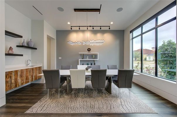 Dining room, Interior, Pendant Lights, Recessed Lighting, Wood Texture Flooring